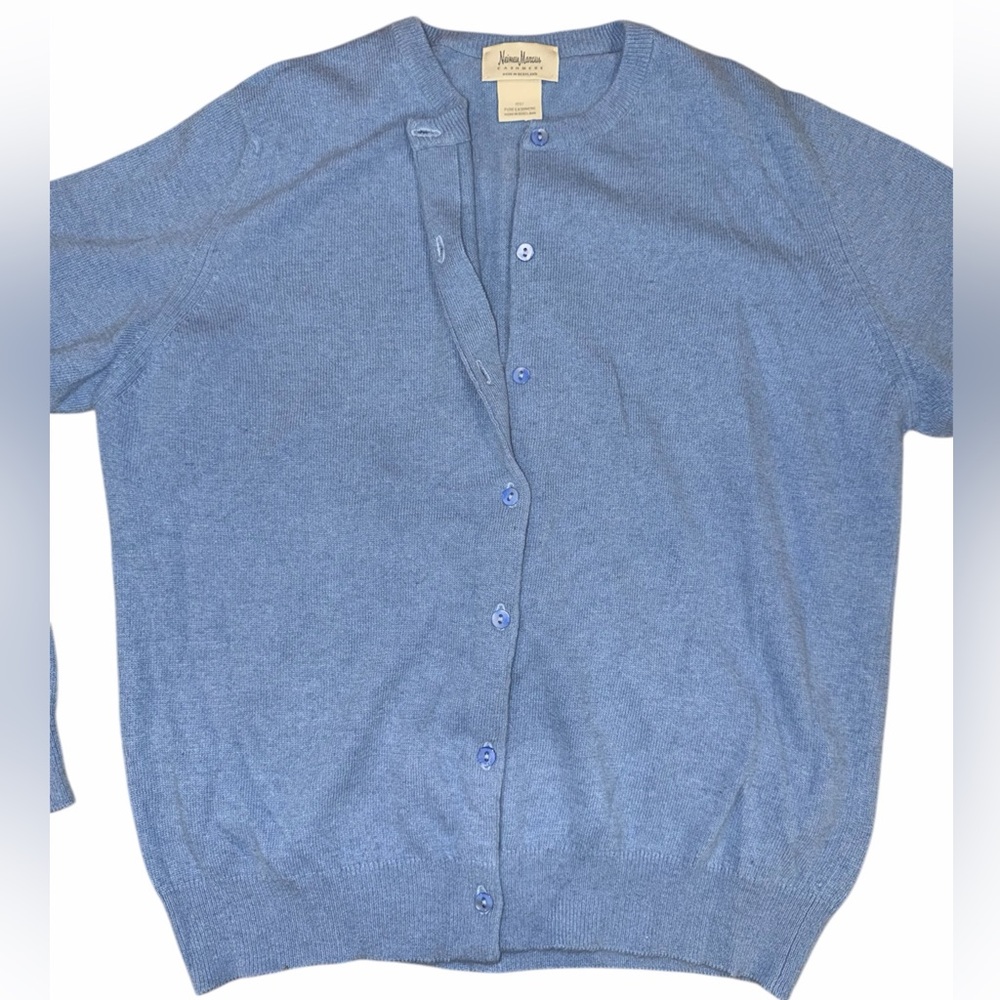 Classic Neiman Marcus 100% Cashmere Button Front Cardigan Blue Made In Scotland